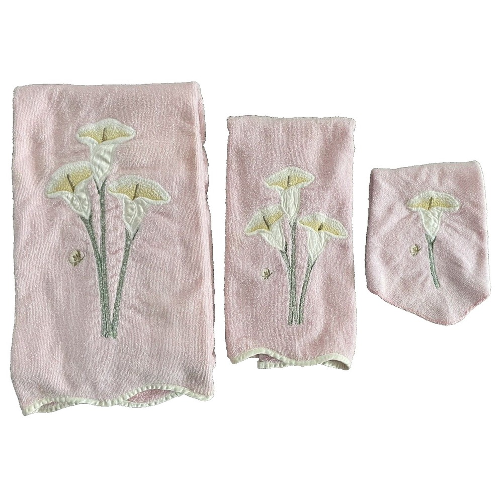 Vintage Cannon 3 Piece Bath Set Pink Applique Lily Bath & Hand Towel Washcloth‎